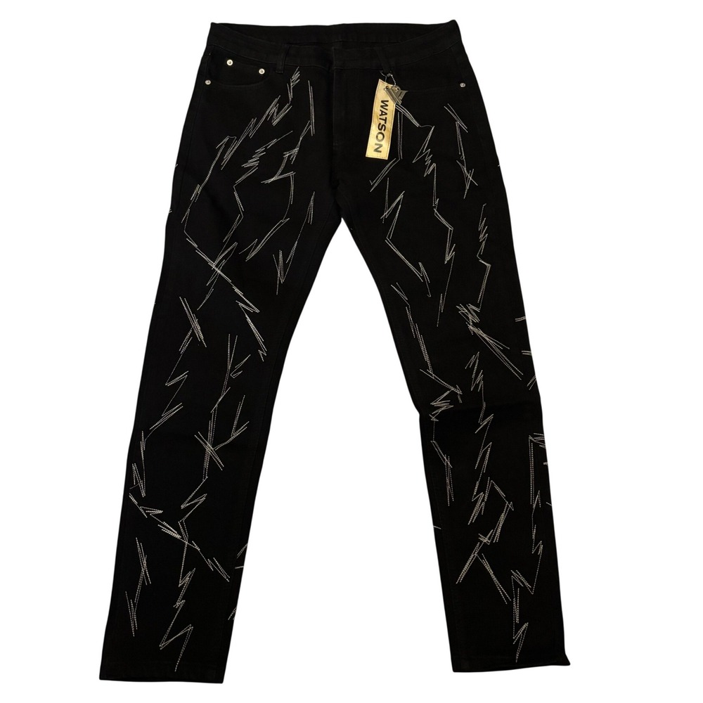 NWT‎ Watson Mens Black Lightning Bolt Embroidered Denim Jeans Size 34 Streetwear